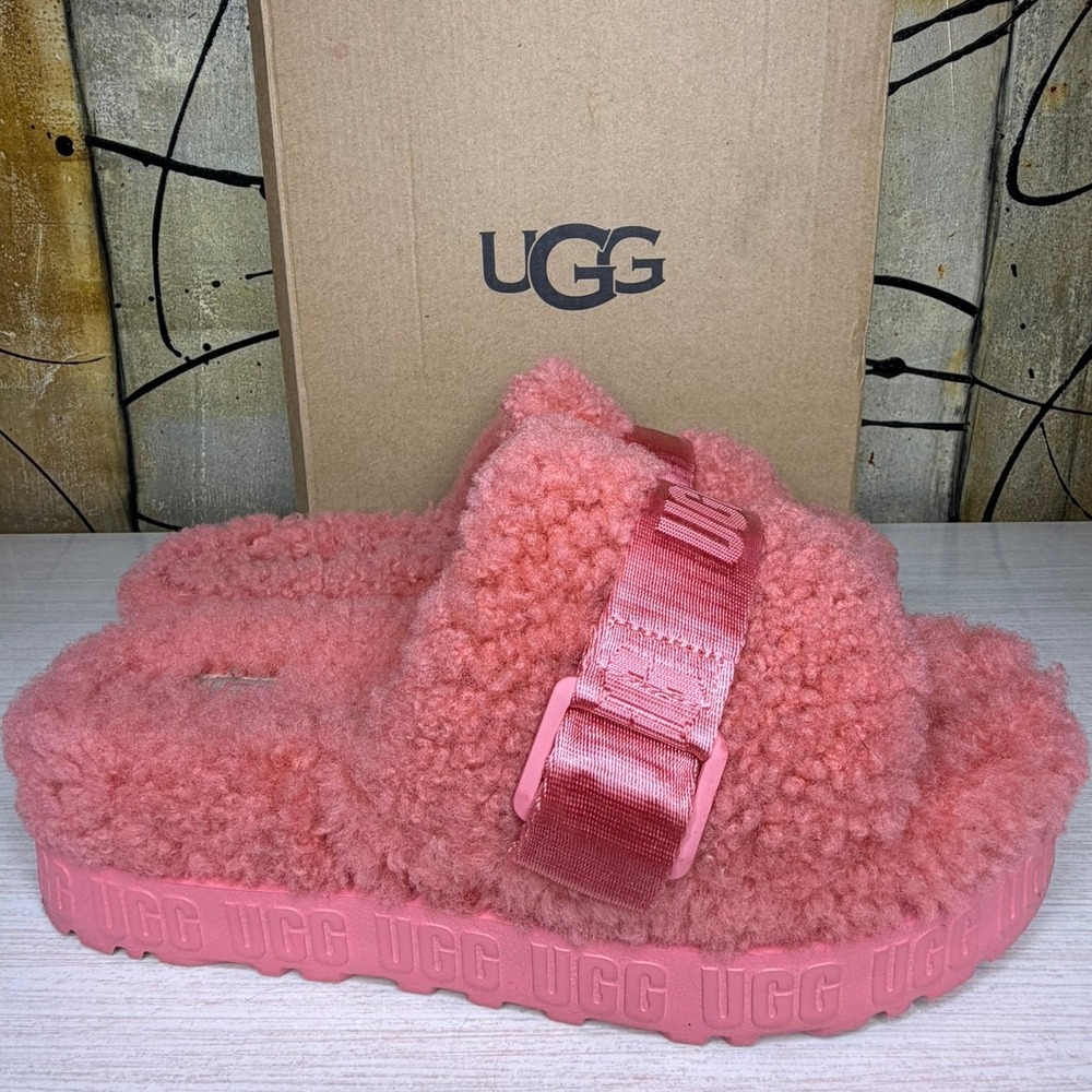 UGG Fluffita Pink Blossom Sheepskin Platform Slides 1113475 Womens 8